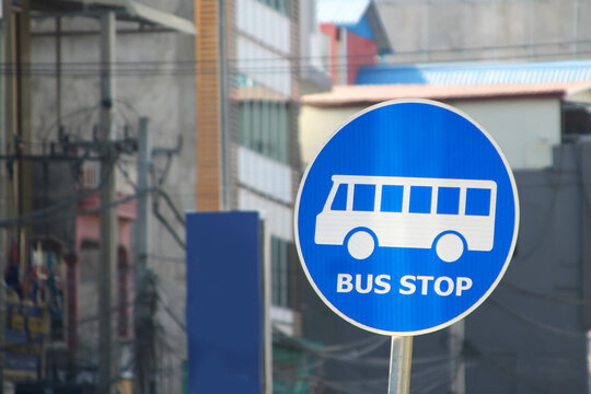 Round Blue Road Sign Bus Stop