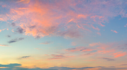 Naklejka na ściany i meble Panoramic Sunset Sunrise Sundown Sky with gentle colorful clouds