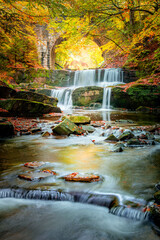 Amazing Fall Autumn landscape - river waterfall in colorful autumn forest