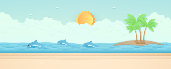 Fototapeta na wymiar Summer Time, seascape, landscape, dolphins swimming in the sea, beach and coconut trees on island, sun in the sky, paper art style