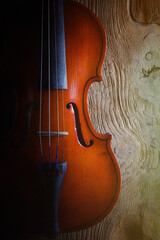 Violin on a wooden background. Musical instrument. Classical music. Soft tinted photo.