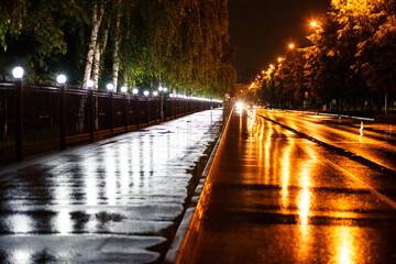 Fototapeta na wymiar Wet asphalt. The road after rain at night under the light of lanterns.