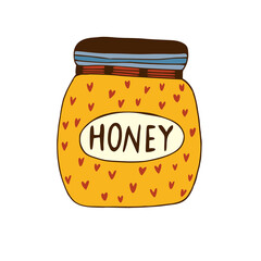 Sweet honey pot. Cute jar illustration. Honey jar vector icon. Ingredient for dessert and bakery. Image for culinary blog.