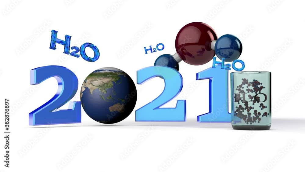 Poster 3d animation of the date of 2021 new year. animation of a water molecule and its chemical formula wi