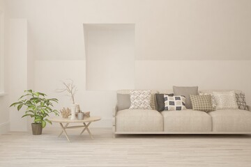 White living room with sofa. Scandinavian interior design. 3D illustration
