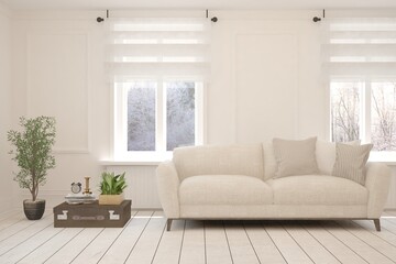 White living room with sofa and winter landscape in window. Scandinavian interior design. 3D illustration