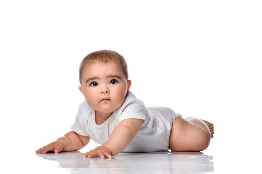 beautiful little baby, crawling isolated on white background