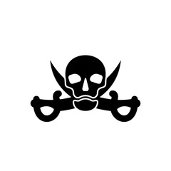 Human skull in full face and crossed sabers behind. Pirate sign and symbol for design. Isolated illustration in flat style on white background. An image of danger to humans. Icon of hazard to life