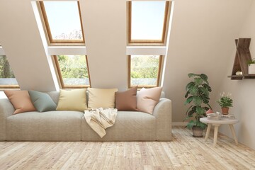 White living room with sofa. Scandinavian interior design. 3D illustration