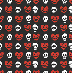 Halloween vector seamless background with pumpkins in heart shape and scull. Lovely funny spooky texture for halloween holidays