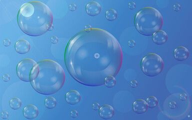 Shampoo stripe of realistic water bubbles on blue background. Cleaning liquid soap foam, shampoo bubbles in bath or shower. - 382878461