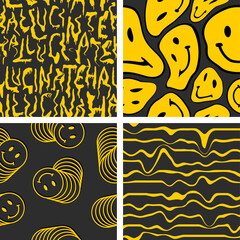 Collection of 4 vector trendy patterns with smileys. Hippie indi textures with happy trippy emoji. Psychedelic liquid backgrounds