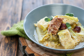 stewed cabbage with meat close-up