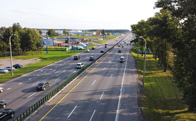 Top view of the highway in the city with cars. 01 October 2020, Minsk Belarus