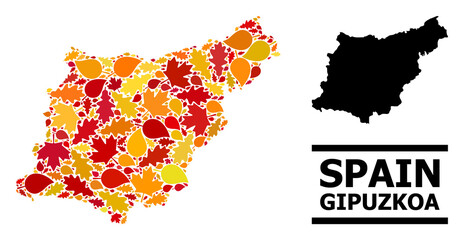 Mosaic autumn leaves and solid map of Gipuzkoa Province. Vector map of Gipuzkoa Province is done from random autumn maple and oak leaves. Abstract territory plan in bright gold, red,