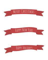 Christmas set of red ribbons with greetings. Vector illustration isolated on white background.