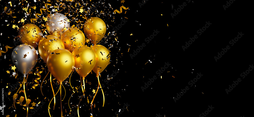 Wall mural Gold and silver balloon with foil confetti falling on black background 3d render