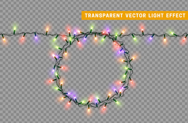 Christmas lights garlands. Festive design elements. Celebrate realistic object. Holiday Xmas Decor. New Year light effects isolated. Vector illustration.