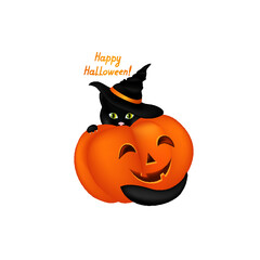 Cat in hat. Black cat looking at camera in Halloween hat. Funny holiday cartoon for greeting card with lettering Happy Halloween
