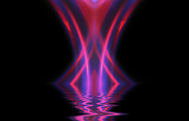Abstract dark futuristic background. Ultraviolet neon light rays are reflected off the water. Background of empty stage show, beach party. 3d illustration