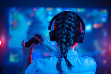 Close-up view from back of gamer girl playing video game at home in front of big screen with joystick and headphone. Colorful neon led lights background. Streamer concept. © Anton