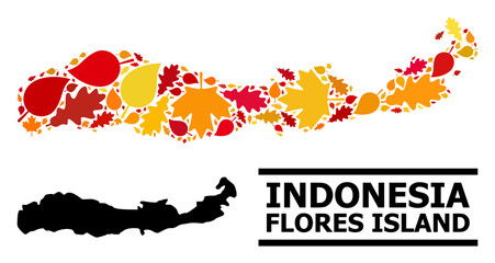 Mosaic autumn leaves and solid map of Indonesia - Flores Island. Vector map of Indonesia - Flores Island is done with scattered autumn maple and oak leaves. Abstract territorial plan in bright gold,