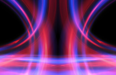 Dark abstract background. Neon multicolored glow. Night party, laser show. Empty concert stage background, reflection of spotlight light.