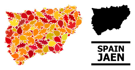 Obraz premium Mosaic autumn leaves and solid map of Jaen Spanish Province. Vector map of Jaen Spanish Province is constructed from random autumn maple and oak leaves. Abstract geographic plan in bright gold, red,