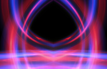 Dark abstract background. Neon multicolored glow. Night party, laser show. Empty concert stage background, reflection of spotlight light.