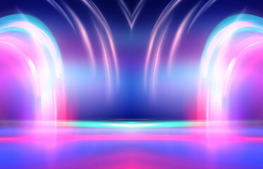 Dark abstract background. Neon multicolored glow. Night party, laser show. Empty concert stage background, reflection of spotlight light.