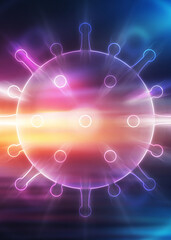 Blank abstract background on the theme of the COVID-19 coronavirus pandemic. Neon hologram of a virus model.