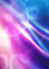 Blank abstract background on the theme of the COVID-19 coronavirus pandemic. Neon hologram of a virus model.