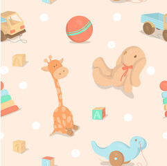 Seamless pattern with children's toys with clouds on a beige background. Colorful vector illustrations.