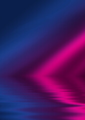 Abstract dark futuristic background. Ultraviolet neon light rays are reflected off the water. Background of empty stage show, beach party. 3d illustration