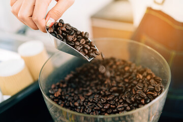 Close up a woman scoops coffee beans into an electric coffee grinder. Coffee-making class for start-up entrepreneurs to starts a small business.