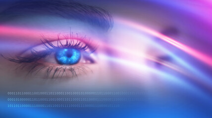 Close-up biometric scan of a female eye. The concept of modern virtual reality. Female eye on a...