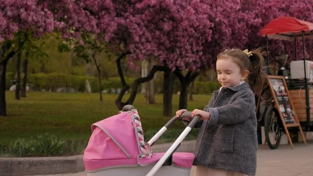 A small four-year-old girl pushes a pram in front of her in a Park against the flowering tree.