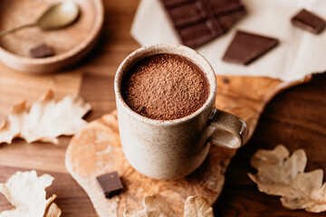 Close-up of hot chocolate in a ceramic mug on the table. Autumn or winter cozy still life..