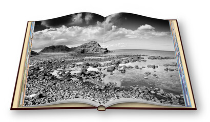 Irish landscape in northern Ireland (County Antrim - United Kingdom) - 3D render concept image of an opened photo book isolated on white - I'm the copyright owner of the images used in this 3D render