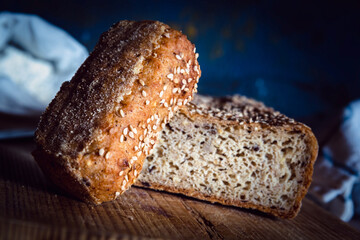 Closeup shot of freshly gluten free baked homemade sourdough bread on the table