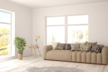 White living room with sofa. Scandinavian interior design. 3D illustration