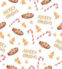 Merry Christmas and Happy New Year illustration. Watercolor illustration biscuits, Santa, girl, christmas tree, hot chocolate, sweets, gingerbread, gold, lettering