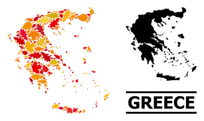 Mosaic autumn leaves and solid map of Greece. Vector map of Greece is done of random autumn maple and oak leaves. Abstract territory plan in bright gold, red, brown colors for map of Greece.