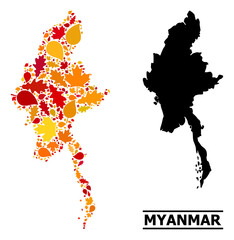 Obraz premium Mosaic autumn leaves and solid map of Myanmar. Vector map of Myanmar is composed of randomized autumn maple and oak leaves. Abstract territory scheme in bright gold, red,