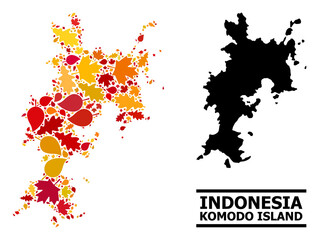 Fototapeta premium Mosaic autumn leaves and solid map of Komodo Island. Vector map of Komodo Island is composed of random autumn maple and oak leaves. Abstract territory plan in bright gold, red,