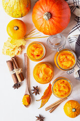 Pumpkin puree in different glass jars with spices and fresh pumpkins. Autumn or winter food. Light stone background. Top view.