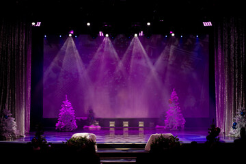Theater before the performance of artists. Bright colored light and scene with Christmas trees.