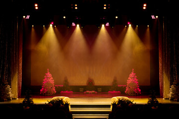 Theater before the performance of artists. Bright colored light and scene with Christmas trees.