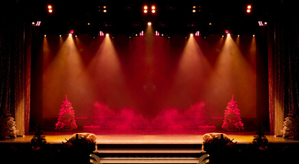 Theater before the performance of artists. Bright colored light and scene with Christmas trees.