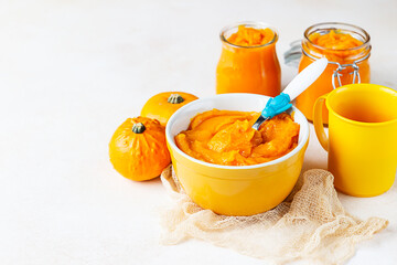 Homemade pumpkin puree in bowl with baby spoon and fresh pumpkins on light concrete background. The concept of baby food.